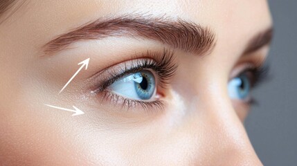 Naklejka premium Close-up of a woman's eye with arrows indicating lines for a plastic surgeon on a beige background. A close-up portrait showcasing the beautiful eyes and eyelashes