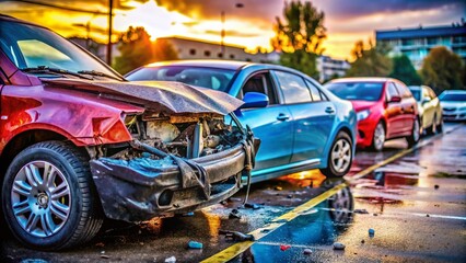 Fototapeta premium Collision in Parking Lot: Damaged Vehicles and Scratched Paint from a Minor Car Accident Scene