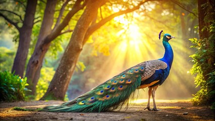 A majestic peacock with vibrant blue and green plumage stands proudly amidst a backdrop of sunlit trees, its tail feathers shimmering in the golden rays of sunlight.