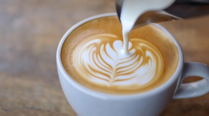 A barista pours steamed milk into a coffee cup, skillfully crafting detailed latte art in a warm cafГ&copy; environment