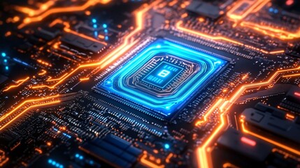 Obraz premium A dynamic perspective of a motherboard with a glowing blue neon microchip at its center
