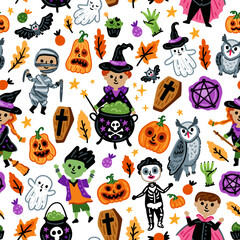 Seamless pattern of Halloween characters, Children in funny and scary witch, vampire and monster costumes background