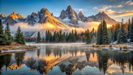 Obraz premium Soft morning light whispers secrets to ancient mountain ranges, slowly unveiling hidden details of weathered peaks, frozen lakes, and tangled forests shrouded in misty dawn.