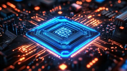 A sleek motherboard design showcasing a central microchip bathed in bright blue neon light, with surrounding circuits radiating a cool blue hue