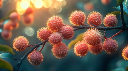 Rambutan tree growing wild the dense undergrowth of a jungle with its fruits glowing faintly in the twilight representing the mystery and beauty of untouched nature Scientific name Nephelium lappaceum
