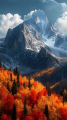 The autumn scenery with the towering mountain peak, fresh autumn leaves, and clear, cloudless skies is beautiful.