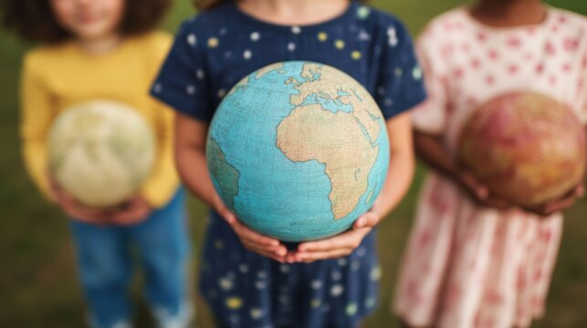 Children stand outdoors, smiling as they hold a globe, representing a shared commitment to global understanding and cooperation
