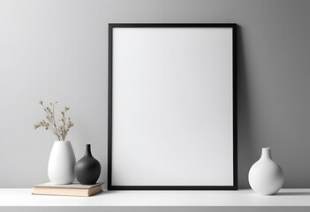 Black frame mockup is leaning on a white shelf with vases and a book in front of a gray wall