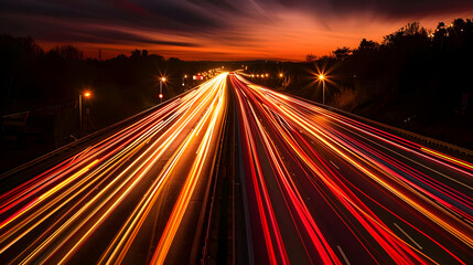 Obraz premium Long Exposure Photograph of a Highway at Night with Traffic Lights Streaking in the Distance