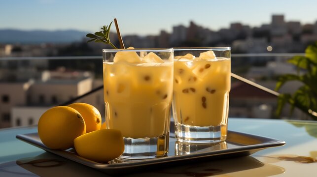 Refreshing ackee fruit juice blended ginger lime served tall glass rooftop terrace city skyline softly blurred background emphasizing energizing and hydrating properties Scientific name Blighia sapida