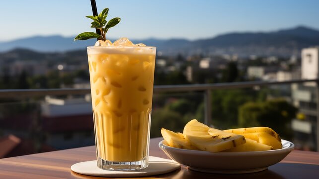 Refreshing ackee fruit juice blended ginger lime served tall glass rooftop terrace city skyline softly blurred background emphasizing energizing and hydrating properties Scientific name Blighia sapida