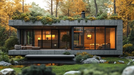 Modern home nestled in a serene forest landscape with greenery.