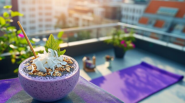 Refreshing bilberry smoothie bowl topped chia seed granola coconut flake served sunlit rooftop terrace yoga mat detox smoothy background promoting vibrant nutritious morning meal Scientific name