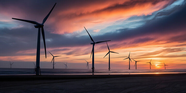 Eolic Wind Turbines Energy Supplies Electricity to a Beach City. Distribution of Clean and Sustainable Energy Power