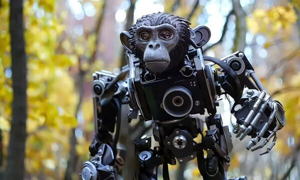 A close-up of a robot made of metal with a monkey head and a camera attached to its body. 