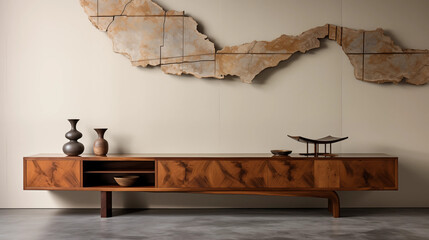 Modern Wooden Cabinet with Abstract Wall Art and Vases