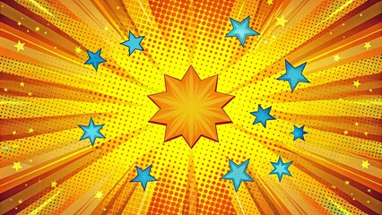 A bold and colorful design featuring a central burst of yellow radiating out, accented by blue stars and a dotted pattern.