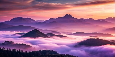 Fototapeta premium A mountain vista with a vibrant sunset sky and a sea of clouds, showcasing the beauty of nature in its ethereal form.