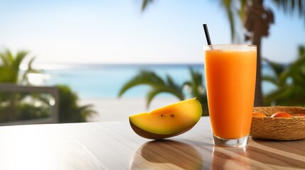 Refreshing mamey sapote fruit juice ice cubes mint served beachside bar colorful cocktails palm trees softly blurred the background promoting hydration and relaxation Scientific name Pouteria sapota