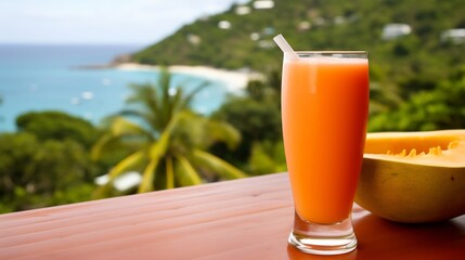 Refreshing mamey sapote fruit juice ice cubes mint served beachside bar colorful cocktails palm trees softly blurred the background promoting hydration and relaxation Scientific name Pouteria sapota