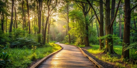 Obraz premium A Serene Woodland Path Illuminated by the Golden Rays of Morning Sun