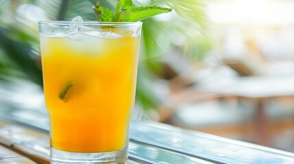 Refreshing marang fruit juice served ice cube fresh mint placed tropical poolside bar sun lounger palm tree softly blurred behind promoting hydration relaxation Scientific name Artocarpus