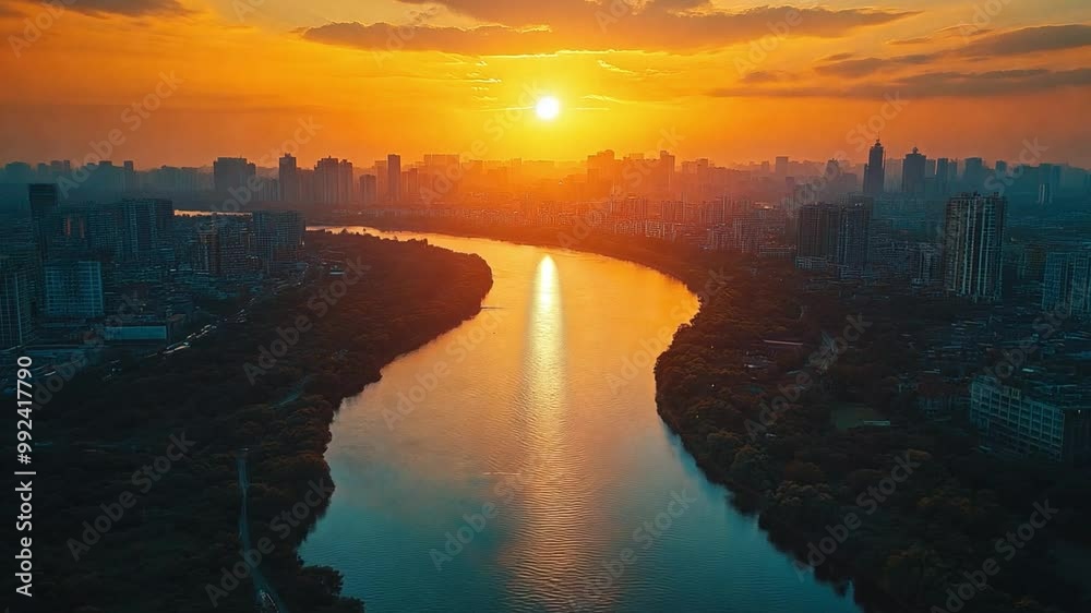 Aufkleber the sun sets behind a city skyline, casting golden light on a winding river, creating a serene and c