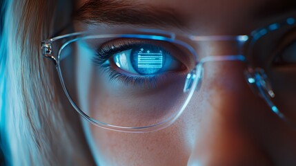Close-up of a woman's eye with digital code reflected in her glasses