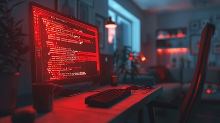 Computer screen showing red ransomware warning message in home office setting, highlighting cybersecurity threats and digital safety concerns