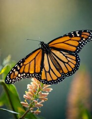 Isolated monarch butterfly with depth of field highlighting vibrant wings and delicate patterns