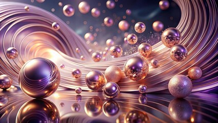 A shimmering wave of metallic ribbons swirls around a collection of perfectly round orbs, each reflecting the warm glow of an unseen light source.