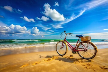 Obraz premium Colorful Bicycle Parked on Sandy Beach with Ocean Waves and Blue Sky in the Background