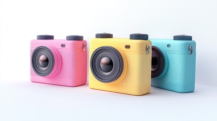 Fototapeta premium Set of three trendy, tech-forward 3D cameras, in vibrant colors, against a white backdrop