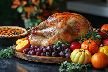 Prominent roasted turkey on rustic platter with autumn harvest elements, creating warm, festive atmosphere. Perfect for thanksgiving feast.