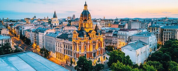 Naklejka premium A stunning panoramic view of a historic city skyline, featuring ornate architecture bathed in warm sunset light, showcasing urban beauty and charm.