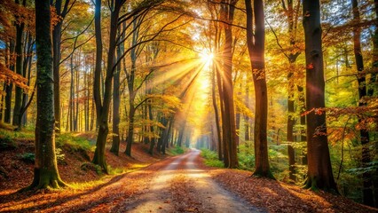 Golden rays of sunlight pierce through the canopy of a dense forest, illuminating a path leading through a vibrant tapestry of autumn foliage.