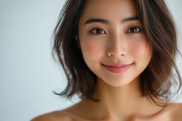 Naklejka premium A senior Asian woman with shoulder-length hair poses in a bikini, exuding confidence and grace against a clean white background.