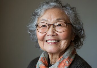 Fototapeta premium A senior Asian woman, aged 50-70, dressed in cultural attire, stands confidently against a soft gray backdrop, showcasing her timeless elegance in a studio setting.