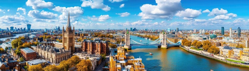 Fototapeta premium A panoramic view of London showcasing the River Thames, iconic architecture, and vibrant city life under a bright blue sky.