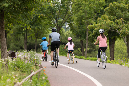 Family Riding Bicycles In Park