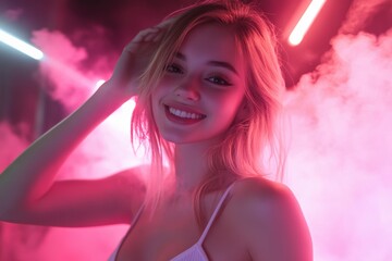 Naklejka premium artistic and creative projects, symbolizing fun and happiness with a touch of nightclub or party-like aesthetics. The combination of colored lights and smoke effects enhances the mood