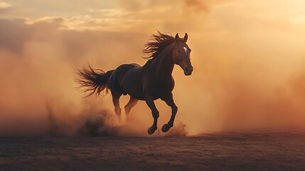 A Black Horse Running Through Dust at Sunset