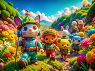 Fototapeta premium Colorful cartoon characters in a playful adventure with a vibrant landscape and imaginative scenery