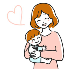 Line drawing illustration of a happy mother holding her infant with a smile.