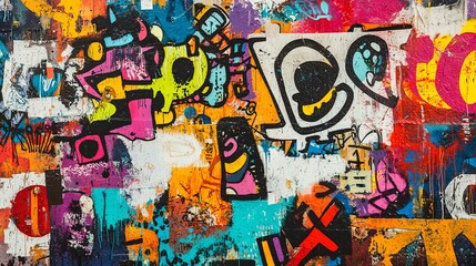 Fototapeta premium Urban graffiti wall with street culture references, bold colors