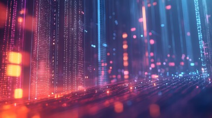 Obraz premium Abstract Cityscape with Neon Lights and Digital Code