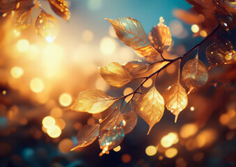 輝く空とゴールドの葉っぱ