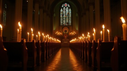 All Saints' Day. During the night, the interior of a church with burning candles for All Saints' Day.