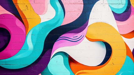 Whimsical graffiti wall with vibrant abstract shapes, swirling lines