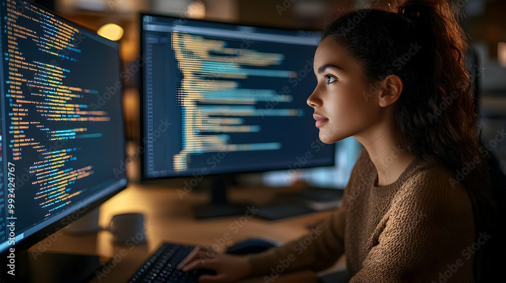 Poster young woman coding at her computer, immersed in programming, with screens displaying lines of code, 